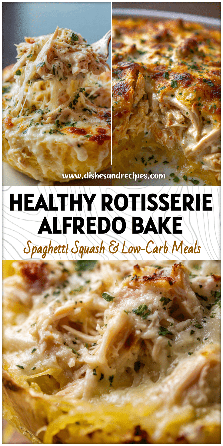 Close-up of rotisserie chicken spaghetti squash alfredo with creamy sauce in a baked shell.